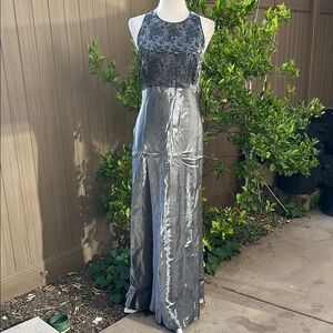 Vintage Dead Stock Ever Beauty Metallic Gray Maxi Dress Gown 12 Whimsigoth 90's